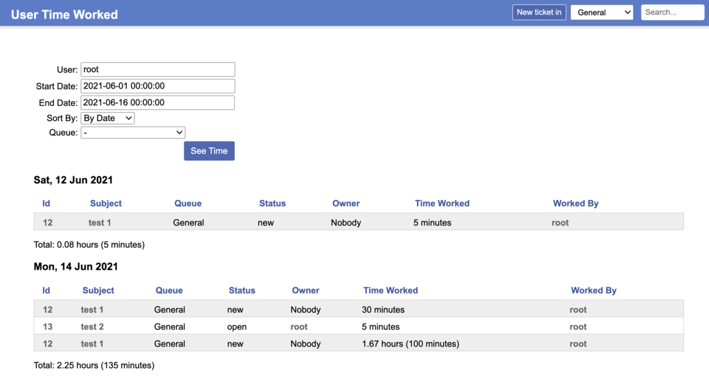 Example User Time Worked Report