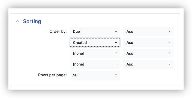 Dashboard search sorting