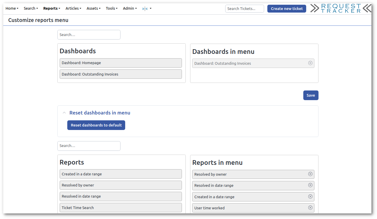 Modify Reports menu