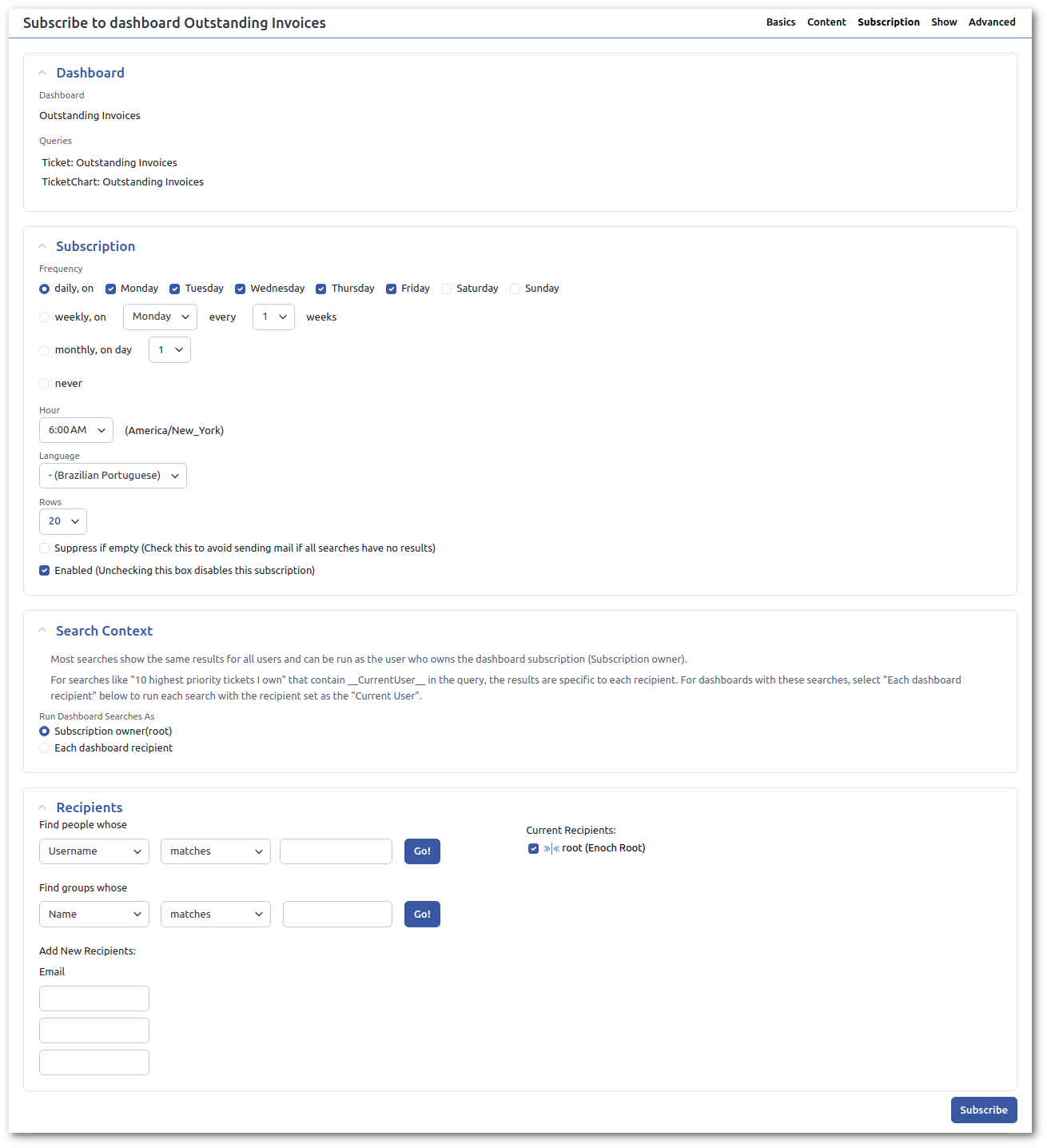 Dashboard subscription